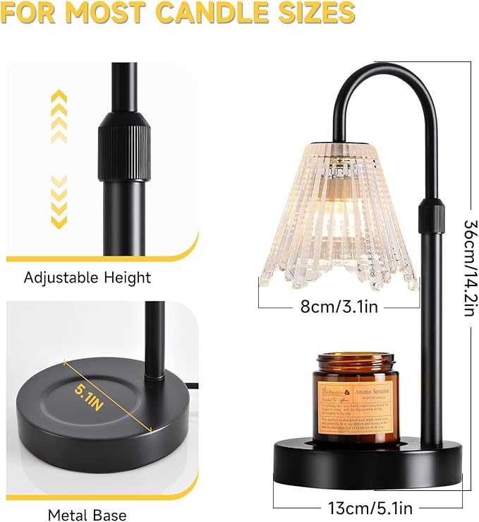 Candle Warmer Lamp, Black Metal, Crystal Glass Shade, Electric Candle Melter with Adjustable Gooseneck, Smoke-Free Safe Design for Home