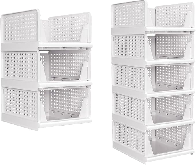 3 Pack Stackable Closet Organizer, Folding Closet Container, Plastic Storage Basket White Pull Out Shelves