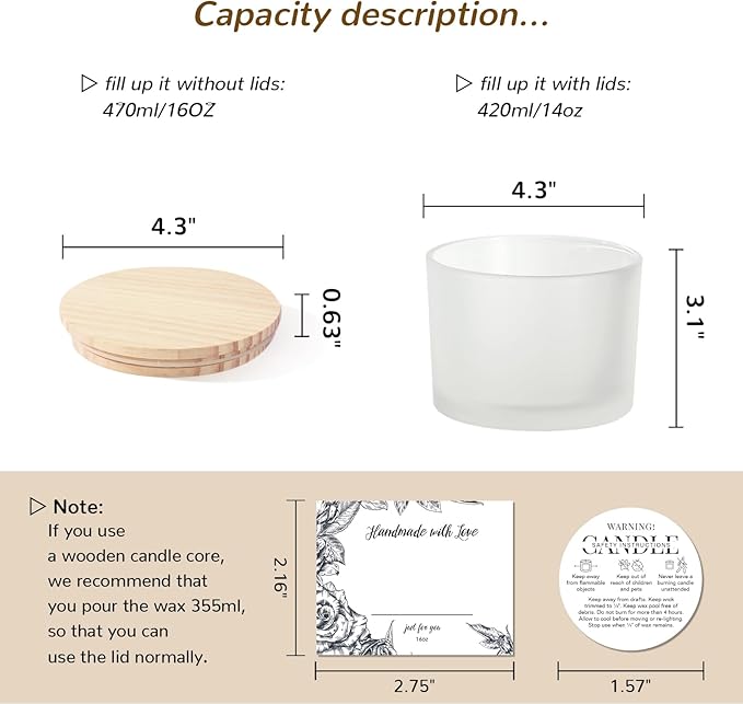 LAMORGIFT 6 PCS 16 oz Frosted White Glass Candle Jars - 3 Wick, Empty Candle Containers for Candle Making Supplies