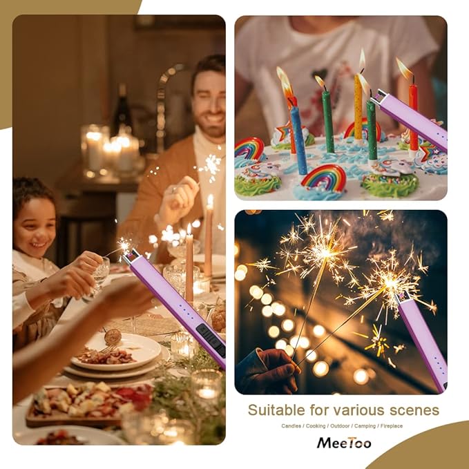 MeeToo Electric Candle Lighter Rechargeable Type-C - Gifts for Wife Men Women Nana, USB Plasma Arc Windproof Lighters for Candle Christmas Camping Kitchen Purple
