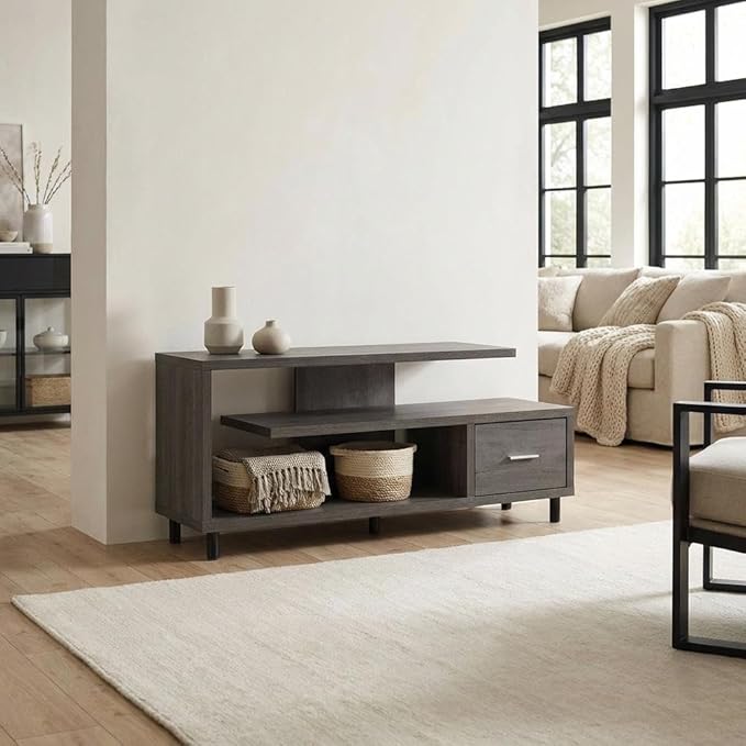 Furnifact Charcoal Gray 1-Drawer TV Stand, Wood, Contemporary Style, Honeycomb and Melamine Veneer Finish, Supports 75 lb TVs up to 65 inches