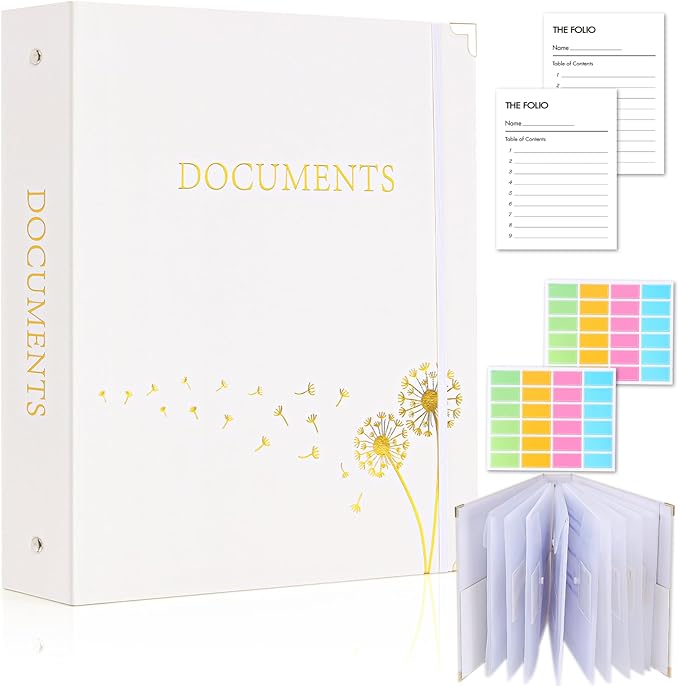 XKDOUS Important Document Organizer, Folio Folders with 9 Pockets, 3-Ring Binder Gold-Foiled Hardcover File Storage Organization Expanding File for 8.5x11 Papers, A4 Documents