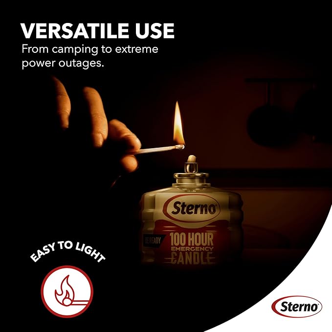Sterno 100-Hour Emergency Candles - Long Burning Unscented Candles for Emergencies and Power Outages - Burns Up to 100 Hours - Set of 6 - Clean Burning Liquid Paraffin