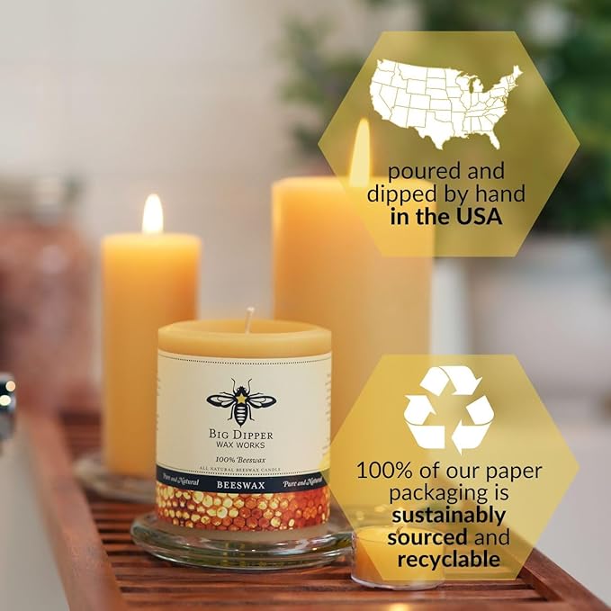 Big Dipper Wax Works 100% Pure Beeswax Pillar Candles (1 Pack) – 3" x 3.5" Handmade in USA, Long Burning Clean Soot-Free, Natural Honey Aroma, Eco-Friendly Cotton Wick, Home Décor & Meditation