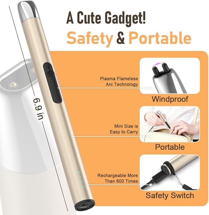 Candle Lighter, Electric Rechargeable USB Arc Windproof Flameless Plasma Lighter Long Stick with Rope and Ring, No Butane Fluid, Perfect for Candle BBQ Camping Kitchen Stove, Gold