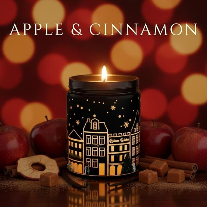 Apple & Cinnamon Scented Candle – Dual Light Glow Jar Candle (Real Flame + Heat Activated LED), Soy Wax Blend Aromatherapy Candle, 40-Hour Burn, Candle for Bedroom, Bathroom & Home Gift, 7oz
