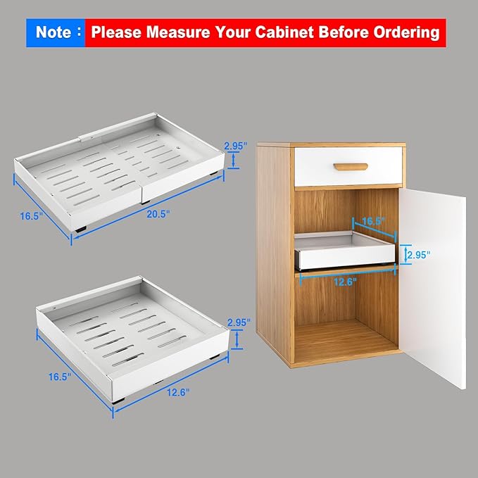 2 Pack Pull Out Cabinet Organizer, Expandable Slide Out Drawers for Kitchen Cabinets Peel and Stick Pullout Drawer Heavy Duty Sliding Shelves for Cupboard, Pantry, Bathroom(16.5" Deep, White)