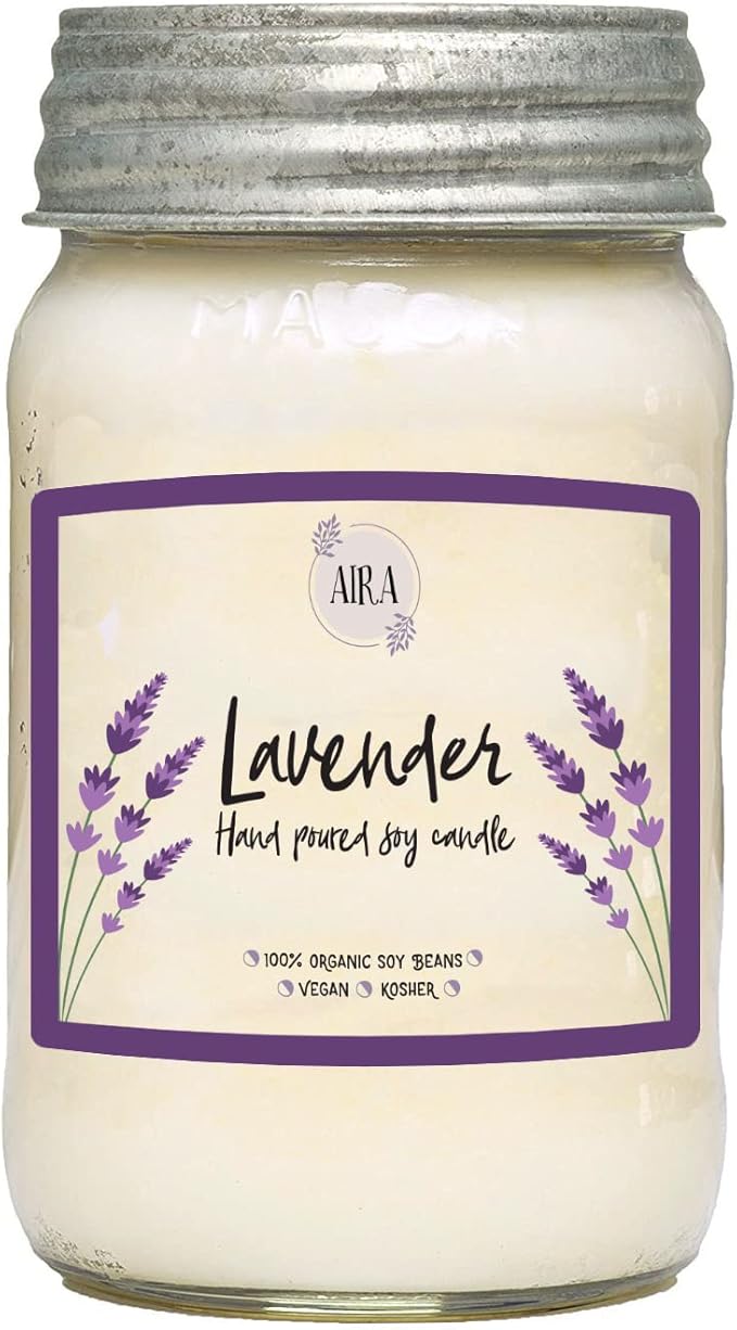 Aira Soy Candles - Organic, Kosher, Vegan, in Mason Jar w/Therapeutic Grade Essential Oil Blends - Hand-Poured 100% Soy Candle Wax - Paraffin Free, Burns 110+ Hours - Pure Lavender - 16 Ounces