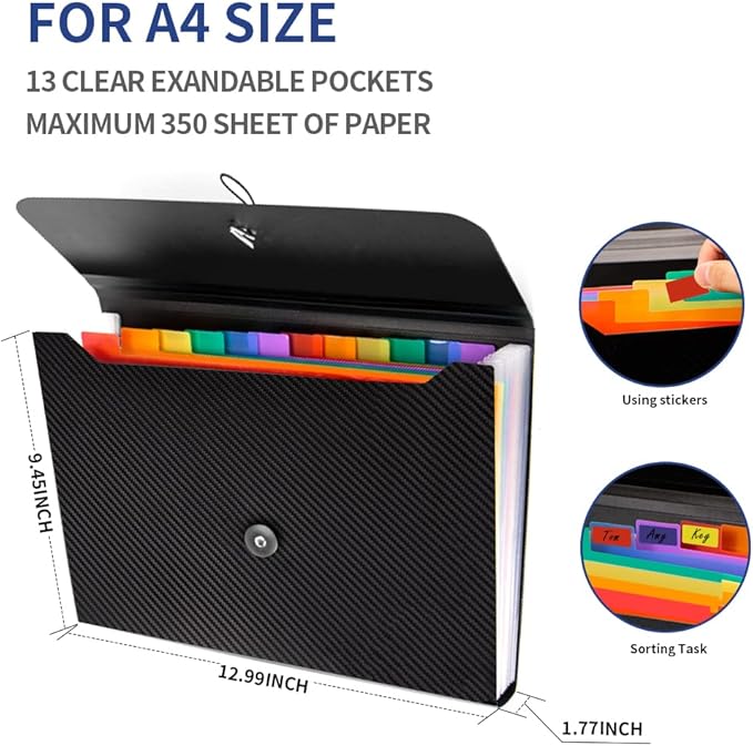 Expanding File Folder, 13 Pockets Accordion File Holder Organizer, A4 Letter Size Paper Document Receipt Organizer Accordian Filing Folder for Classroom, Home, Office and Travel