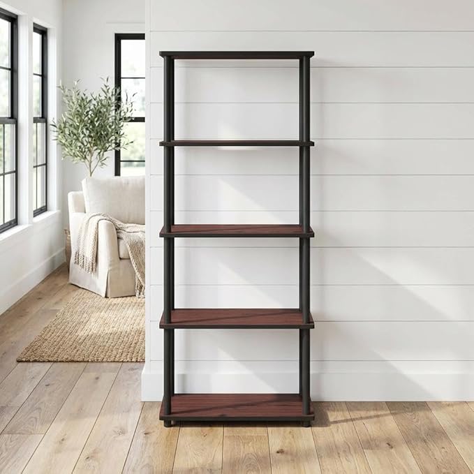 Furnifact Dark Cherry Black Bookcase with Wooden Construction and Modern Design, Sturdy Storage Solution for Living Room or Office, Elegant Finish