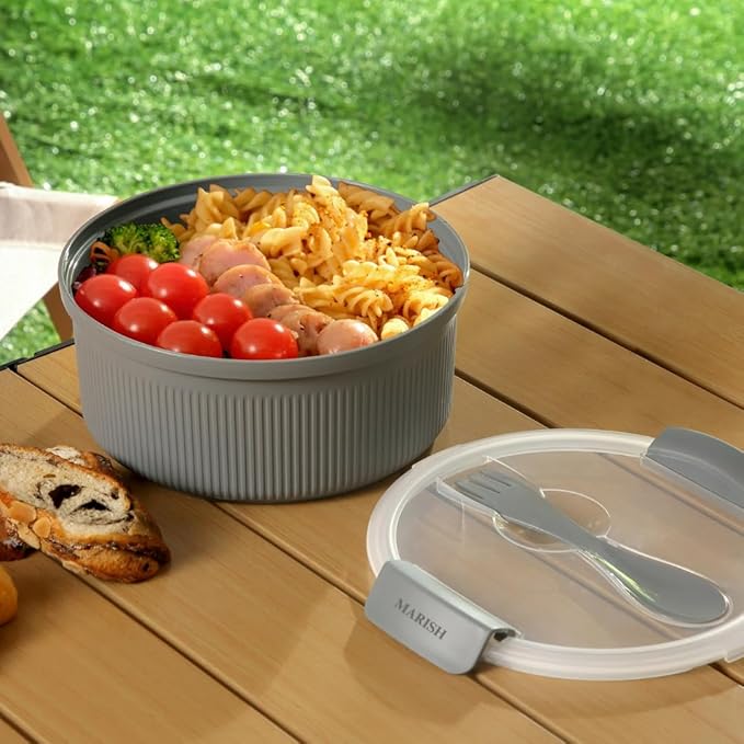 MARISH 47oz Round Food Storage Container with Utensil – Airtight, BPA-Free, Microwave & Freezer Safe, Grey (1)