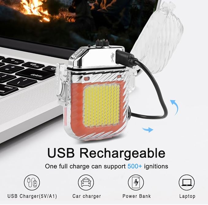 SUPRUS Luminous 3 Modes of Flashlight Windproof Waterproof Lighter Electric Rechargeable Dual Arc Plasma Lighter with Survival Emergency Whistle and Lanyard (Orange)
