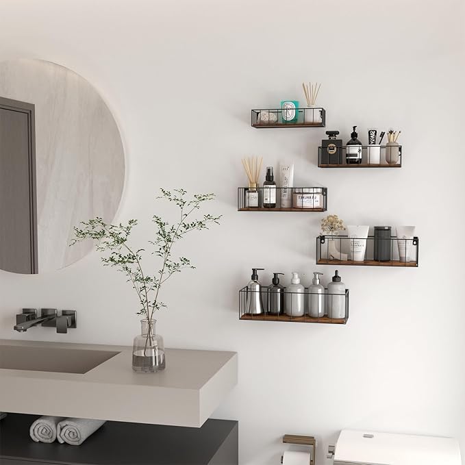 CRUGLA Floating Shelves Wall Mounted Set of 5, Hanging Storage Wall Shelf with Rail for Bathroom, Bedroom, Living Room, Kitchen