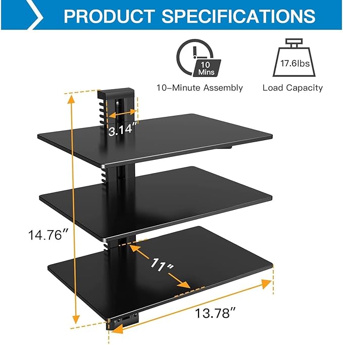 PERLESMITH Floating Wall Mounted Shelf AV Mount Shelf - Holds up to 16.5lbs - DVD DVR Component Shelf with Strengthened Tempered Glass - Perfect for DVD Players, TV Box and Cable Box, PSDSK3