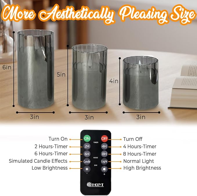 Rechargeable Flameless Candle, Flashing LED Pillar Real Wax Candle with Remote Control and Timer, Grey Stripes Glass Electronic Candles for Room Decoration, 1 Set of 3