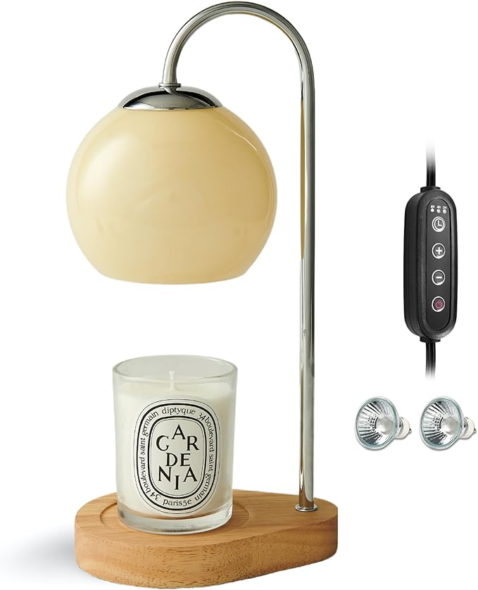 Modern Candle Warmer Lamp with Timer and Dimmer, Dimmable Electric Candle Lamp Warmer, Wax Melt Warmer, Glass with Wood Base, Home Decor Gifts 2 Bulbs Included (Beige and Natural Wood Base)