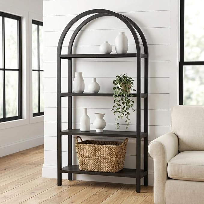 Wooden Large Arched Bookshelf, 72 Inch Tall Storage Unit, Durable Engineered Wood Construction, Arch Top Design for Living Room, Office Use