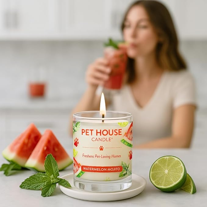 Pet House Candles, Soy-Based, Long Burning Scented Candles for Pet Homes, 60 Hour Burn Time - Watermelon Mojito, 9 oz