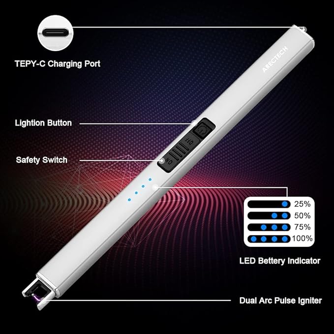 ARECTECH Electric Candle Lighter with Type-C Cable Birthday Gift for Man Women Wife Rechargeable Plasma Arc Lighters for Candle Camping Kitchen Stove Silvery