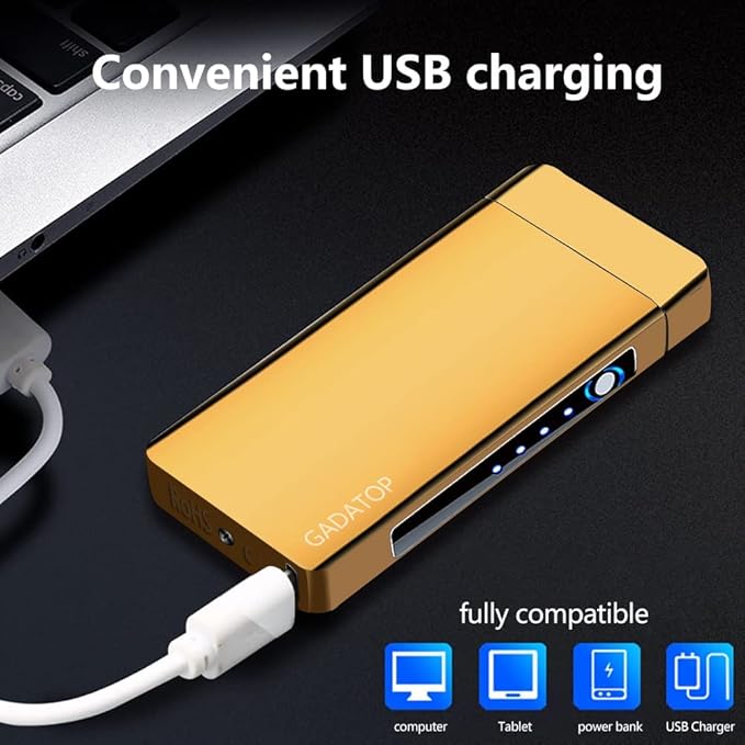 GADATOP Electric Lighter Dual Arc Plasma Lighter USB Rechargeable, Windproof Flame Lighters Electronic Lighters for Candle Incense Camping (Gold)