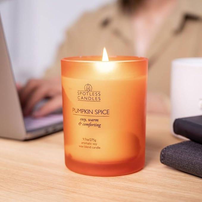 Pumpkin Spice Candle 9.7 oz: 55 Hrs Burn Time - Pumpkin Spice Scented Candles in Frosted Glass Jar with Wooden Crackling Wick in a Luxurious Gold Foil Lined Gift Box