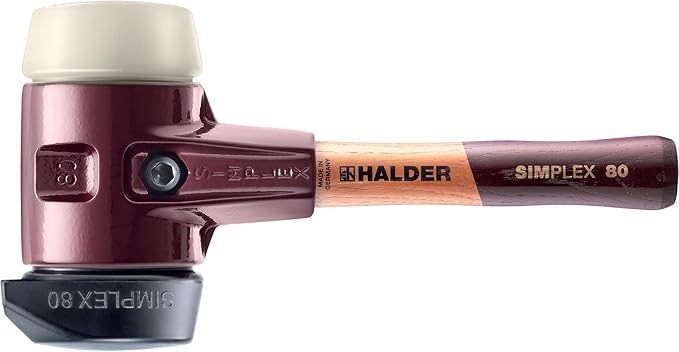 Halder Simplex Soft-Faced Mallet 3028.282 – Medium-Hard "Stand-Up" Rubber Insert, Nylon Insert, Cast Iron Housing with Handle Protection Sleeve, Extra Short Hickory Handle, 80mm, 6.2 lbs.