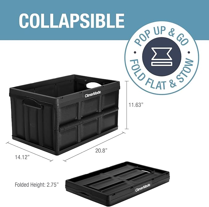 CleverMade Collapsible Storage Bins 46L (3-Pack) – Heavy Duty Collapsible Plastic Storage Bins, Stackable Folding Storage Bins for Car, Garage, Home Organization - Foldable Bins, Stone