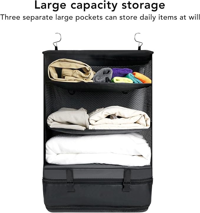 Portable Hanging Travel Shelves Bag, Collapsible 3 Shelf Travel Closet with 2 Hooks, Large Capacity Foldable Clothes Organizer for Suitcase Carry On Closet Insert