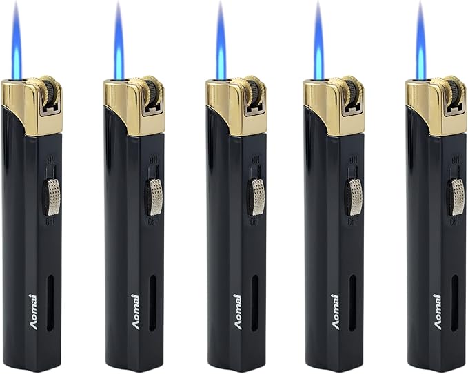 5 Pack Butane Refillable Torch Lighter Portable Metal Lighter with Fuel Visible Tank Lockable Flame No Gas(Black)