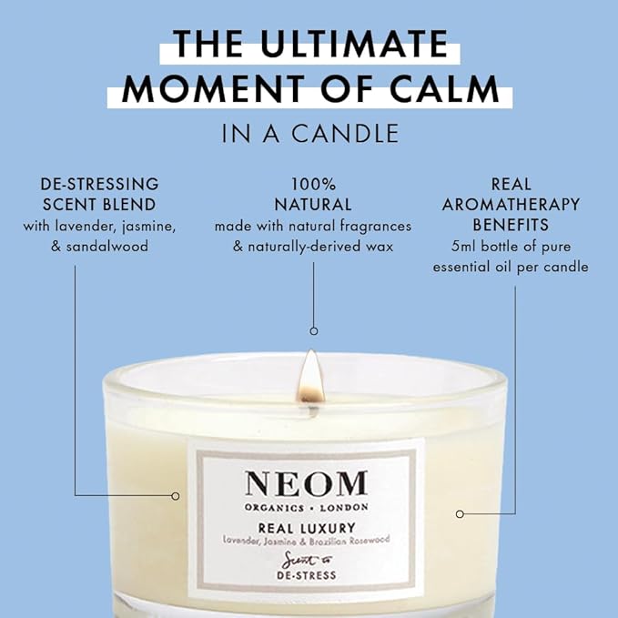 NEOM - Candle, Travel Size | Lavender, Jasmine & Rosewood | Scented Candles for On-The-Go | Luxury Aromatherapy Candles | Essential Oil Candle | Tranquil & Relax | Signature De-Stress Scent
