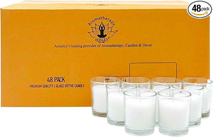 Hosley 48 Pack White Unscented Votive Candles, Clear Glass, Hand-Poured Wax, Bulk Wedding & Party Candles for Gifts, Tables, Aromatherapy & Holidays Party Weddings Birthdays (White)