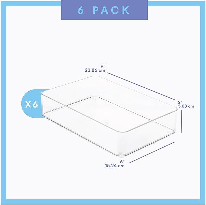 primebox Plastic Clear Drawer Organizers. Bathroom. Kitchen, Bedroom, Utensils, Office Organizer Bins, Storage Trays. Stackable. 9" x 6" x 2" Set of 6
