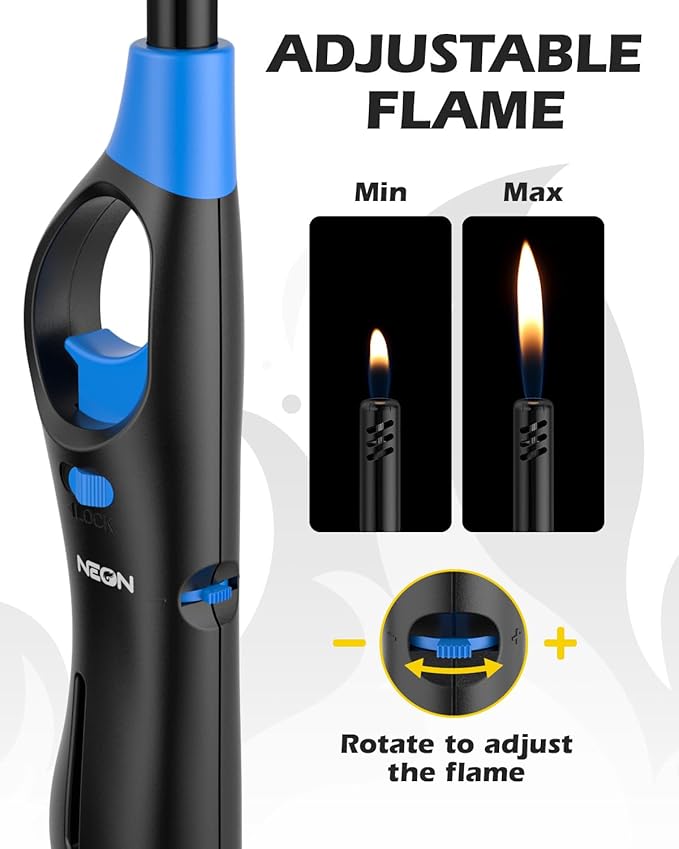 NEON Lighter, Refillable Butane Candle Lighter, 8 Pack Multi-Purpose Reusable Lighters with Long Metal Wand and Adjustable Soft Flame for BBQ, Grill, Stove, Camping, Hiking, Fireplaces, Kitchen