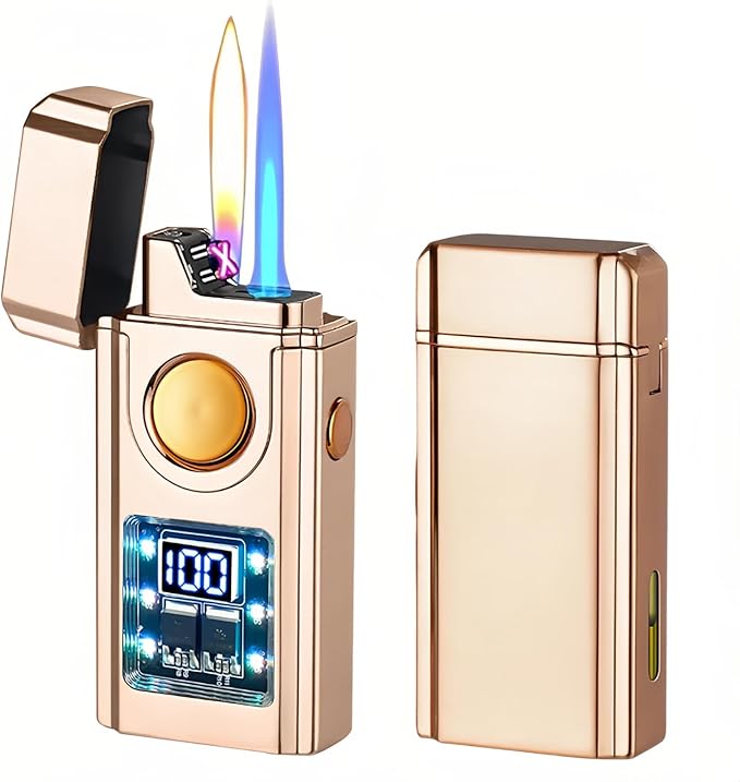 Smart Voice-Activated Lighter - 3 Flames (Blue Torch, Soft Flame & Dual Arc) - Windproof Refillable & Rechargeable Butane Lighters with Multiple Ignition Methods (Without Fuel) (Brushed Gold)