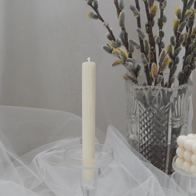 DEYBBY Handmade Beeswax Taper Candles, Dripless Wax Candles, Hand-Rolled Honeycomb Candles for Dinner Party, Set of 12 Flat Top（Cream White）