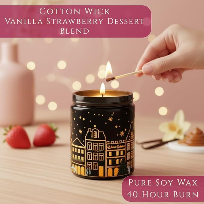 Vanilla & Strawberry Scented Candle – Dual Light Glow Jar Candle (Real Flame + Heat Activated LED), Soy Wax Blend Candle, 40-Hour Burn, Decorative Candle for Bedroom, Bathroom & Home Gift, 7oz