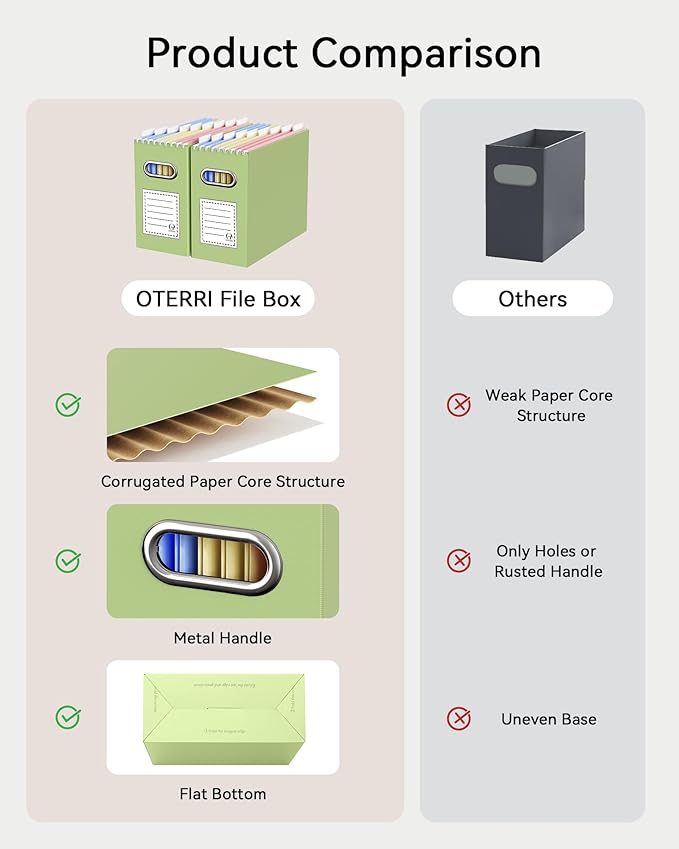 Oterri File Organizer Box, Portable Collapsible Cardboard File Folder Organizer with Handle for Letter Size Hanging Files, Document Storage Box for Home Office & Classroom (6 Packs, Green)