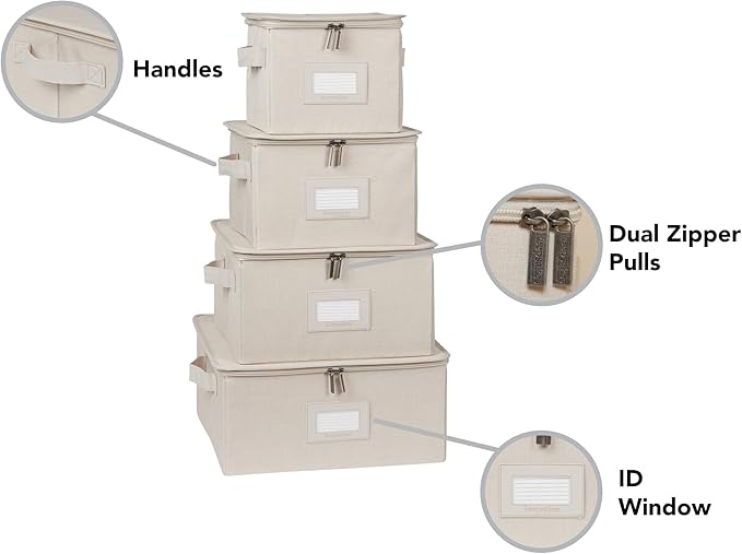 Covermates Dish Storage Box Set – China & Dinner Plate Storage Containers with Felt Dividers, Dual Zippers, Reinforced Handles, ID Window & Stackable Design, Beige Heather