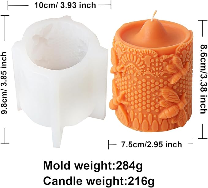 Bee Lace Trim Cylinder Candle Mold, Honeybee Beehive Pillar Silicone Mold for Beeswax Candle, Soy Wax Candle, Plaster Ornament, DIY Crafts (I)