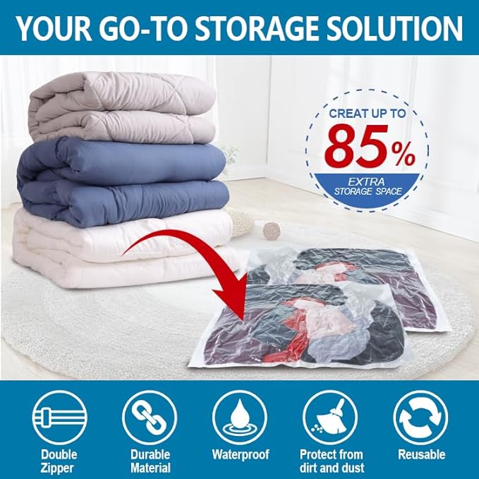 12 Pack Vacuum Storage Bags, Space Saver Vacuum Storage Bags, Vacuum Seal Bags for Clothing, Clothes, Comforters and Blankets, Hand Pump Included
