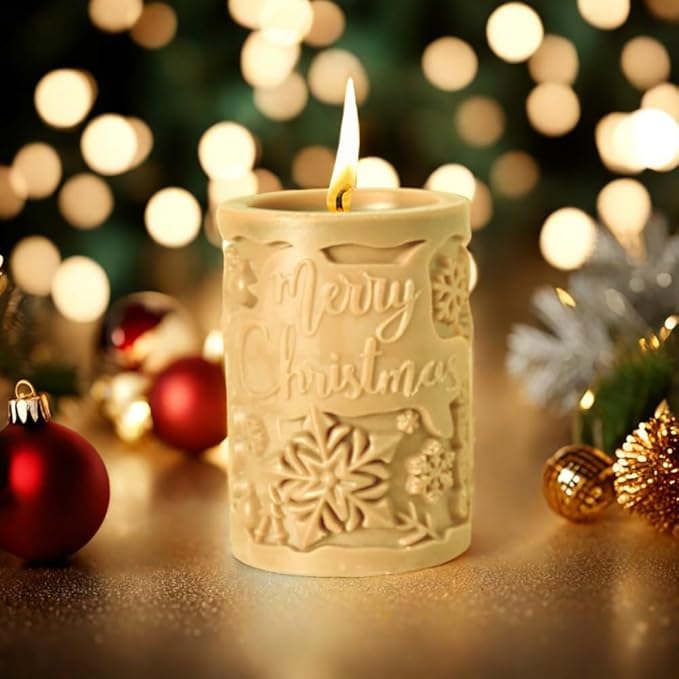 3D Relief Cylinder Christmas Candle Molds, Merry Christmas Letter Silicone Molds for Candle Making, Snowflake Aromatherapy Soap Molds Resin Casting Molds Gummy Molds for DIY Home Decoration Supplies