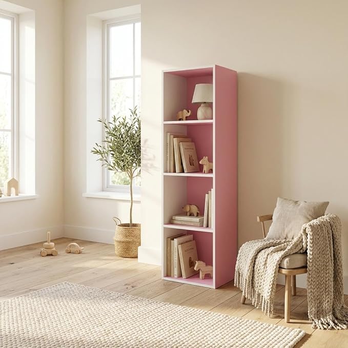 Furnifact Pink White 4-Tier Open Shelf Bookcase, Wooden Display Organizer, Modern Design, Multi-Level Storage, Durable Wood Construction