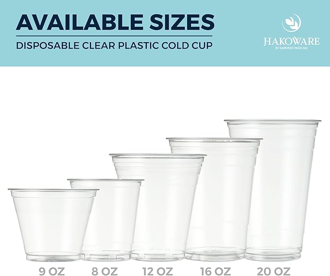 [600 SET]HAKOWARE by Harvest Pack 16 oz Ultra Clear Plastic Cold Cups with Flat Lids, Disposable Wedding Party Drinking Cups Tumblers, Iced Coffee Beer Juice Cold Beverage