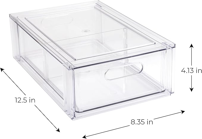 Smart Design Pull-Out Stackable Storage Bin with Removable Dividers - Small - 12.5" D x 8.35" W x 4.13" H - Clear