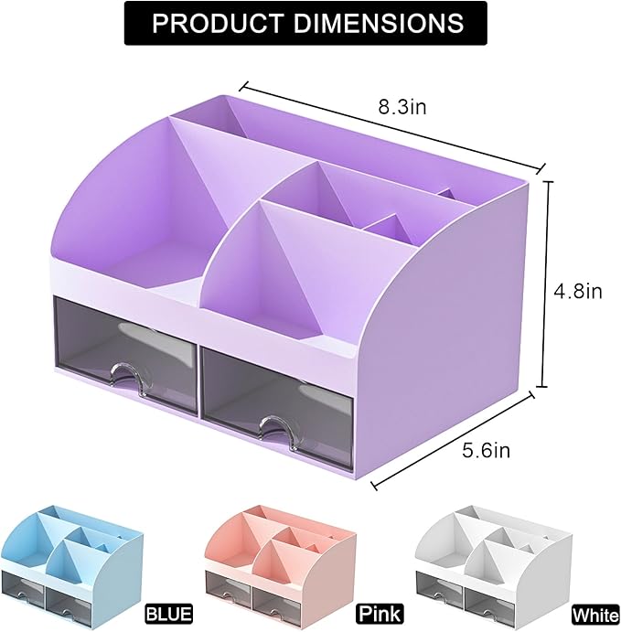 COMFYROOM Desk Organizer with 6 Compartments and 2 Drawers, Plastic Makeup Organizer, Pen Holder for Desktop Storage, Desk Organization for School, Home, Office Supplies (Purple)