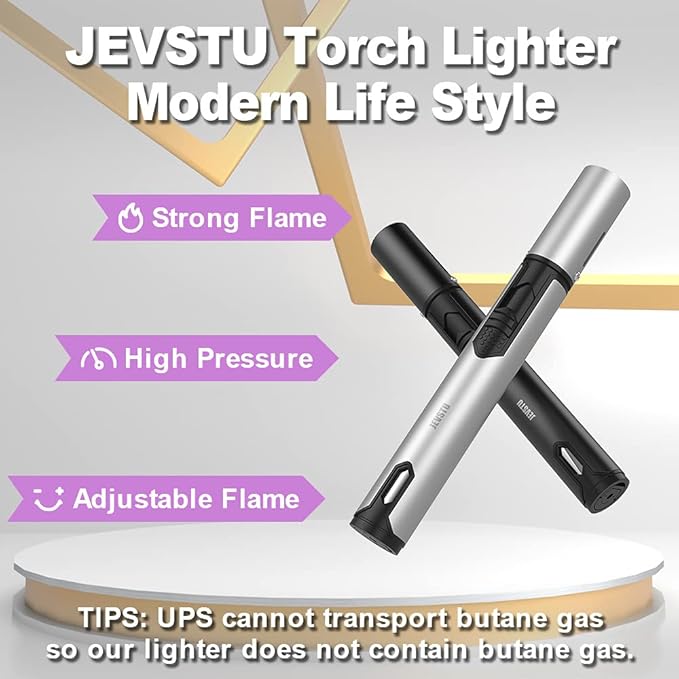 2 Pack Butane Lighter, Torch with Fuel Level Window, Adjustable Fire Jet Lighter for Fireplace, Windproof Pen for Candle Kitchen BBQ, Fluid not Included, Black & Sliver