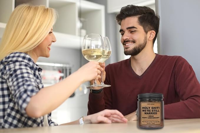 Funny Anniversary Candle Gift for Her, Him - We're Still Married -Funny Anniversary Present for Husband, Wife, Couple - Vanilla Sandalwood Scented Soy Candle in 9 oz. Amber Jar, Gift Box Included