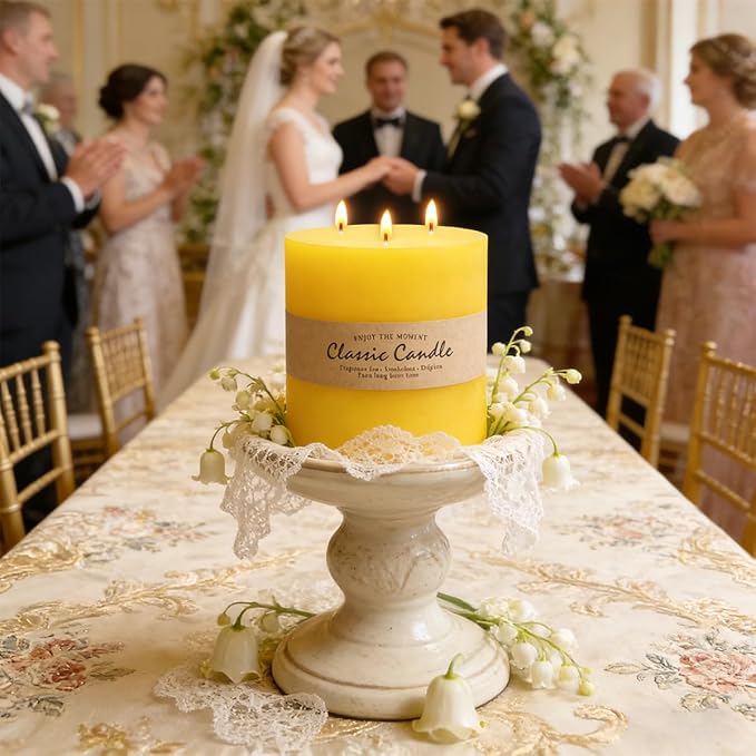 Large 3-Wick Yellow Pillar Candle - 6x6 Inch Dripless & Smokeless Unscented Fat Candle, 120 Hour Long Burning Hand-Poured Thick Candle with Cotton Wicks