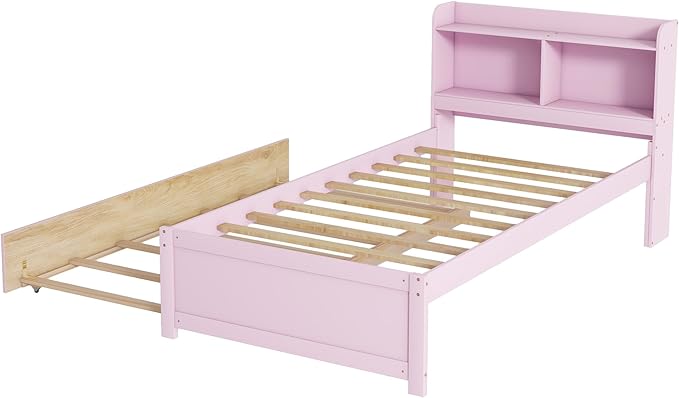 Harper & Bright Designs Twin Size Platform Bed with Bookcase Headboard and Trundle, Wooden Twin Platform Bed Frame with Bookself for Kids Girls Boys, Pink