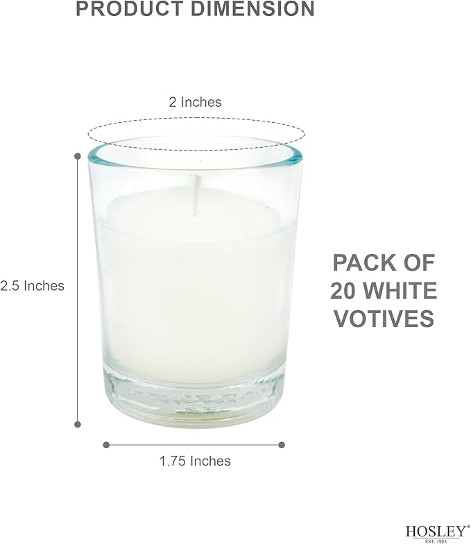 Hosley 20-Pack White Unscented Votive Candles in Clear Glass Holders Hand Poured Wax for Timeless Elegance and Versatile Décor Illuminate Every Moment